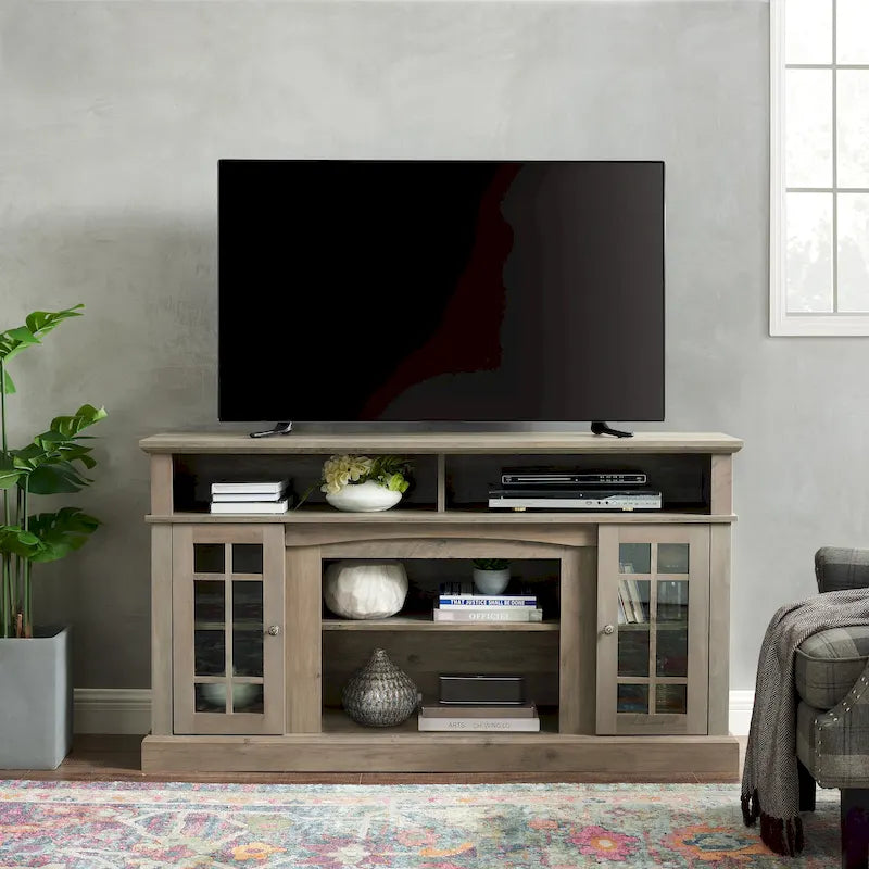 Meuble TV classique de 58,25 po avec espaces de rangement ouverts et fermés pour téléviseurs de 65 po