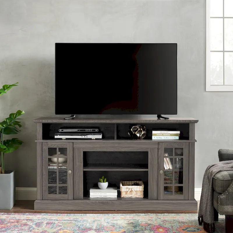 Meuble TV classique de 58,25 po avec espaces de rangement ouverts et fermés pour téléviseurs de 65 po