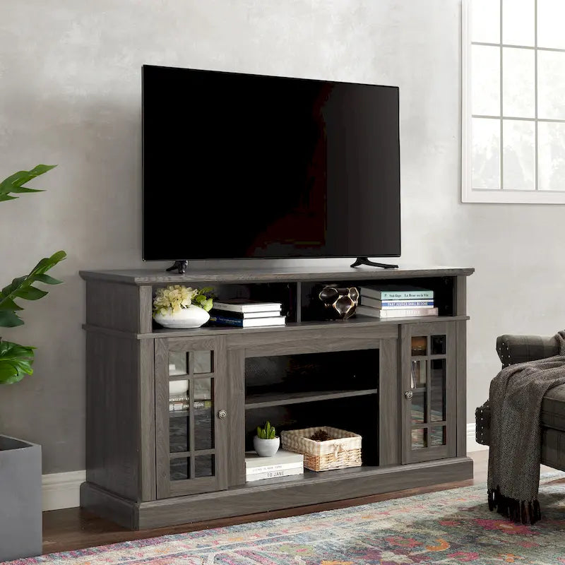 Meuble TV classique de 58,25 po avec espaces de rangement ouverts et fermés pour téléviseurs de 65 po