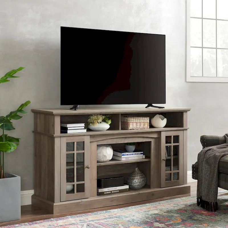 Meuble TV classique de 58,25 po avec espaces de rangement ouverts et fermés pour téléviseurs de 65 po