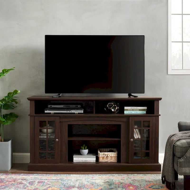 Meuble TV classique de 58,25 po avec espaces de rangement ouverts et fermés pour téléviseurs de 65 po