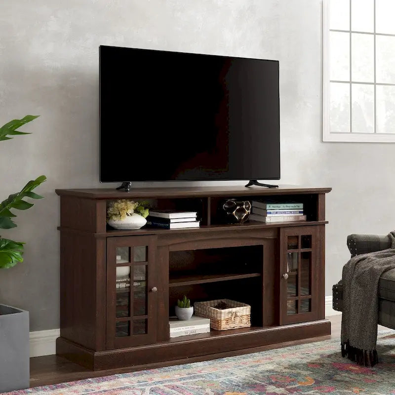 Meuble TV classique de 58,25 po avec espaces de rangement ouverts et fermés pour téléviseurs de 65 po