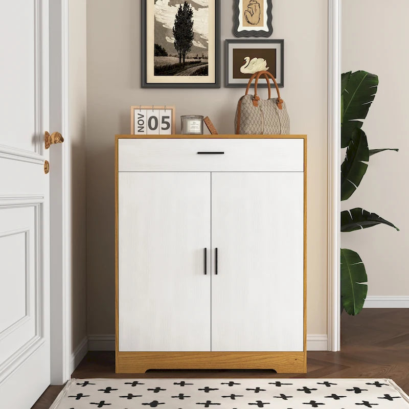 Meuble à Chaussures, Étagère à Chaussures à 4 Niveaux avec 1 Tiroir, Meuble de Rangement à Chaussures Autoportant avec 2 Portes et Étagères Réglables