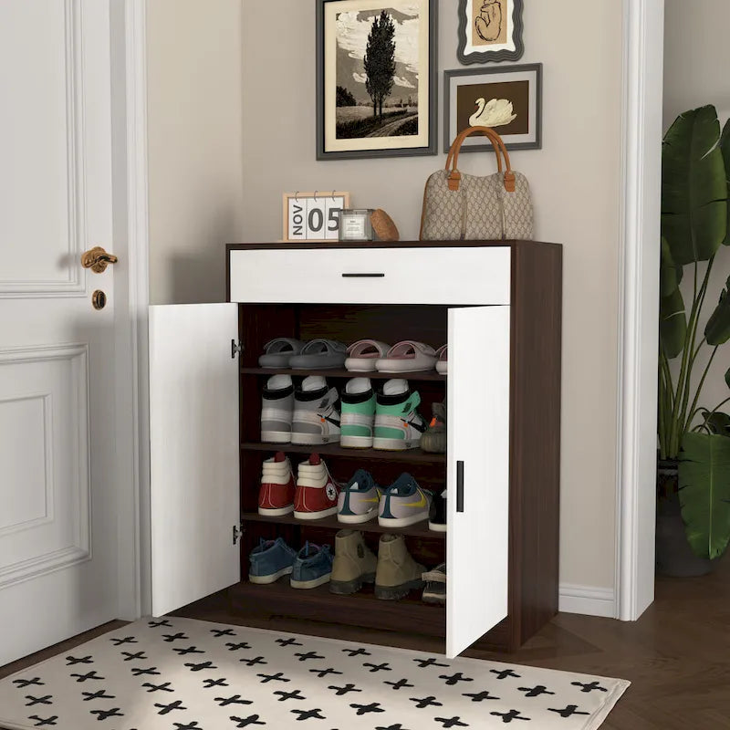 Meuble à Chaussures, Étagère à Chaussures à 4 Niveaux avec 1 Tiroir, Meuble de Rangement à Chaussures Autoportant avec 2 Portes et Étagères Réglables