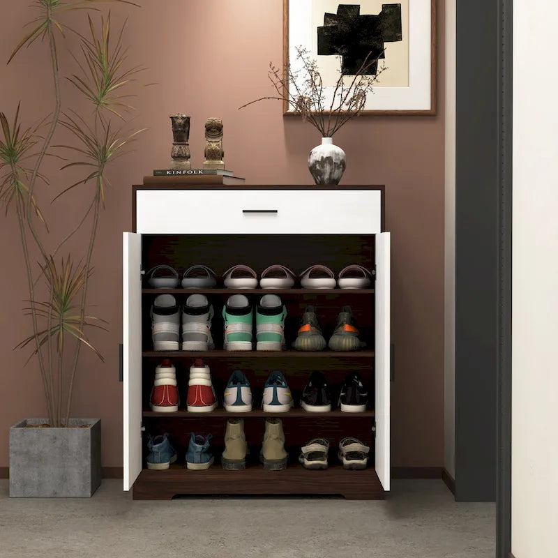 Meuble à Chaussures, Étagère à Chaussures à 4 Niveaux avec 1 Tiroir, Meuble de Rangement à Chaussures Autoportant avec 2 Portes et Étagères Réglables
