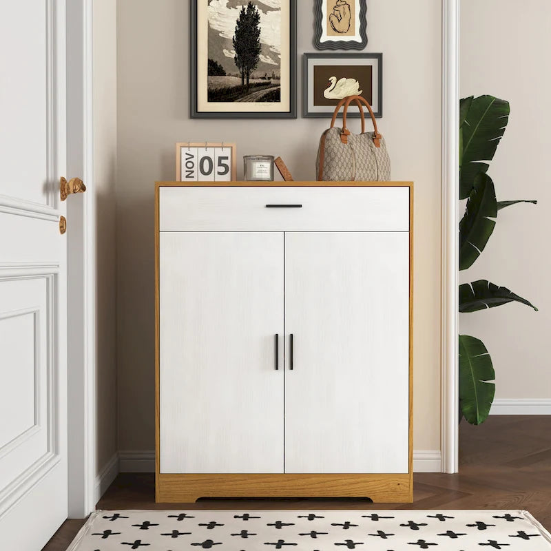 Meuble à Chaussures, Étagère à Chaussures à 4 Niveaux avec 1 Tiroir, Meuble de Rangement à Chaussures Autoportant avec 2 Portes et Étagères Réglables