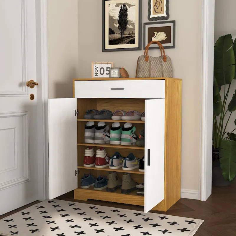 Meuble à Chaussures, Étagère à Chaussures à 4 Niveaux avec 1 Tiroir, Meuble de Rangement à Chaussures Autoportant avec 2 Portes et Étagères Réglables