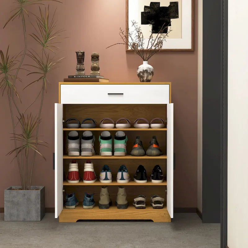 Meuble à Chaussures, Étagère à Chaussures à 4 Niveaux avec 1 Tiroir, Meuble de Rangement à Chaussures Autoportant avec 2 Portes et Étagères Réglables