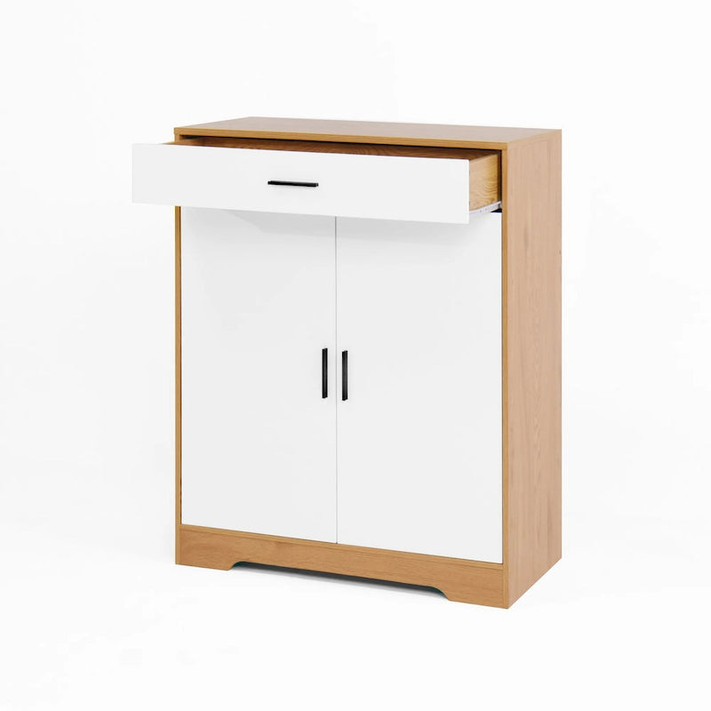 Meuble à Chaussures, Étagère à Chaussures à 4 Niveaux avec 1 Tiroir, Meuble de Rangement à Chaussures Autoportant avec 2 Portes et Étagères Réglables