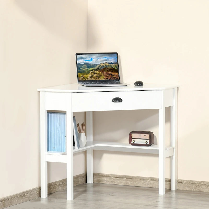 Bureau d'angle moderne et compact avec tiroir coulissant et étagères ouvertes pour petites pièces, espaces de travail ou zones d'exposition