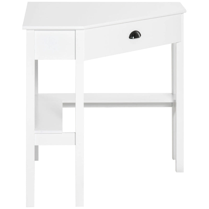 Bureau d'angle moderne et compact avec tiroir coulissant et étagères ouvertes pour petites pièces, espaces de travail ou zones d'exposition