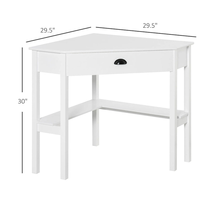 Bureau d'angle moderne et compact avec tiroir coulissant et étagères ouvertes pour petites pièces, espaces de travail ou zones d'exposition