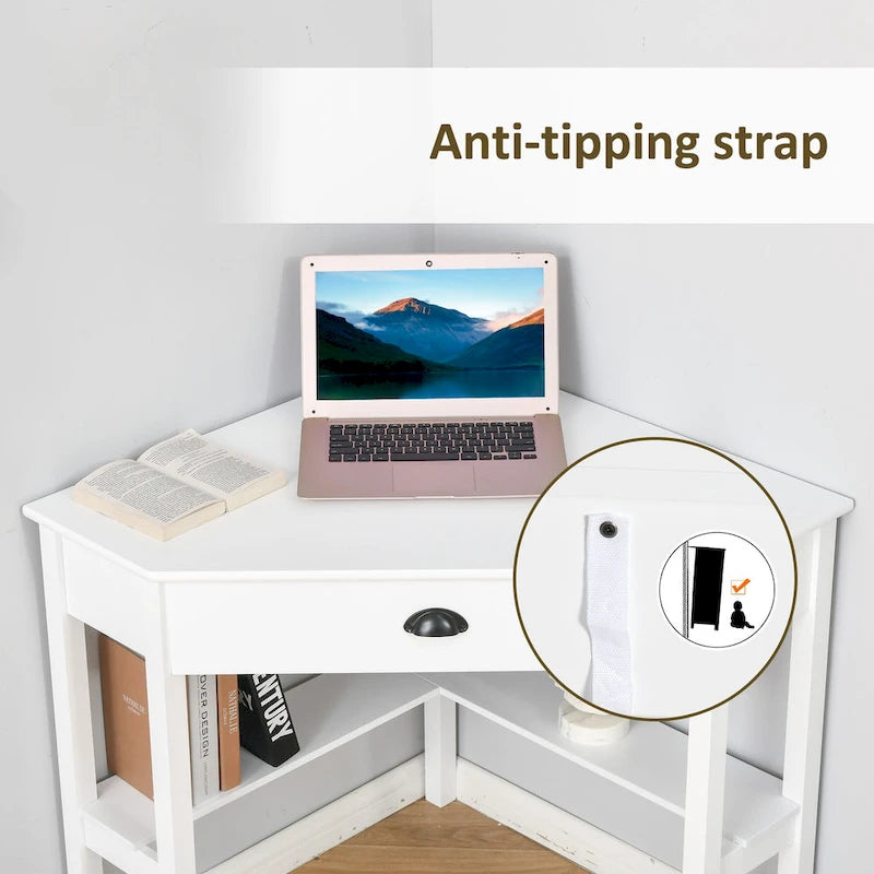 Bureau d'angle moderne et compact avec tiroir coulissant et étagères ouvertes pour petites pièces, espaces de travail ou zones d'exposition