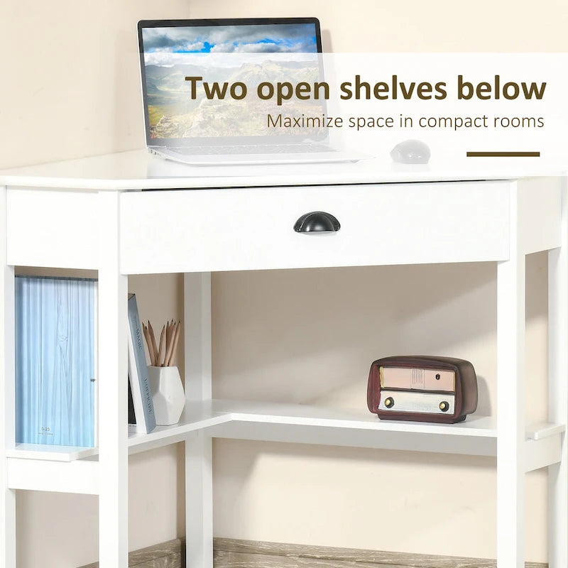 Bureau d'angle moderne et compact avec tiroir coulissant et étagères ouvertes pour petites pièces, espaces de travail ou zones d'exposition