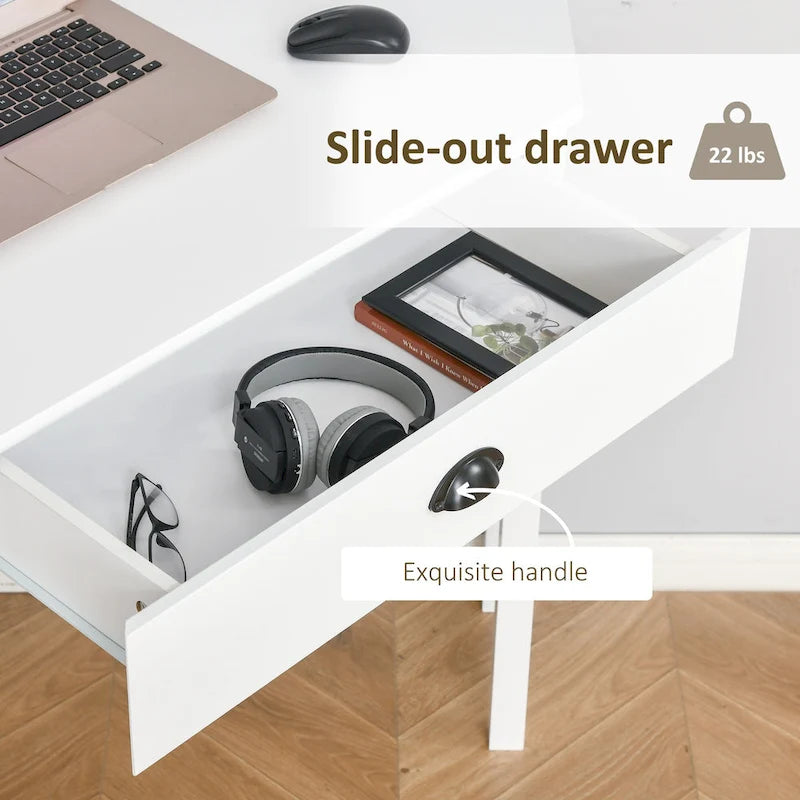 Bureau d'angle moderne et compact avec tiroir coulissant et étagères ouvertes pour petites pièces, espaces de travail ou zones d'exposition