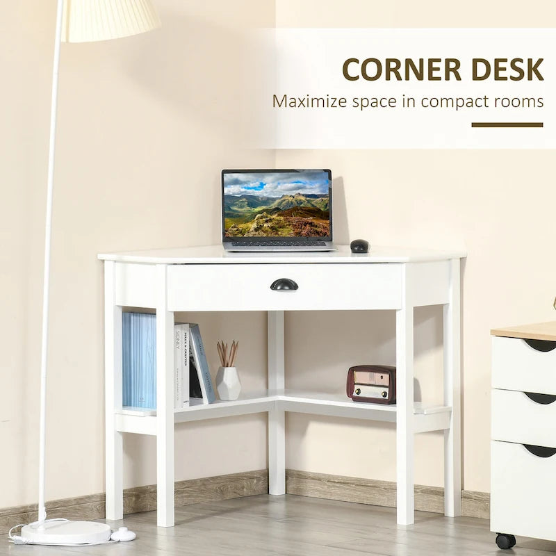 Bureau d'angle moderne et compact avec tiroir coulissant et étagères ouvertes pour petites pièces, espaces de travail ou zones d'exposition