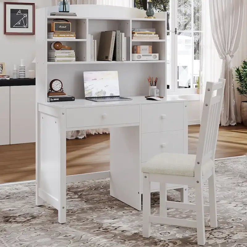 Bureau d'ordinateur avec quatre tiroirs, étagère de rangement et chaise, idéal pour le bureau ou l'étude dans la chambre ou le salon