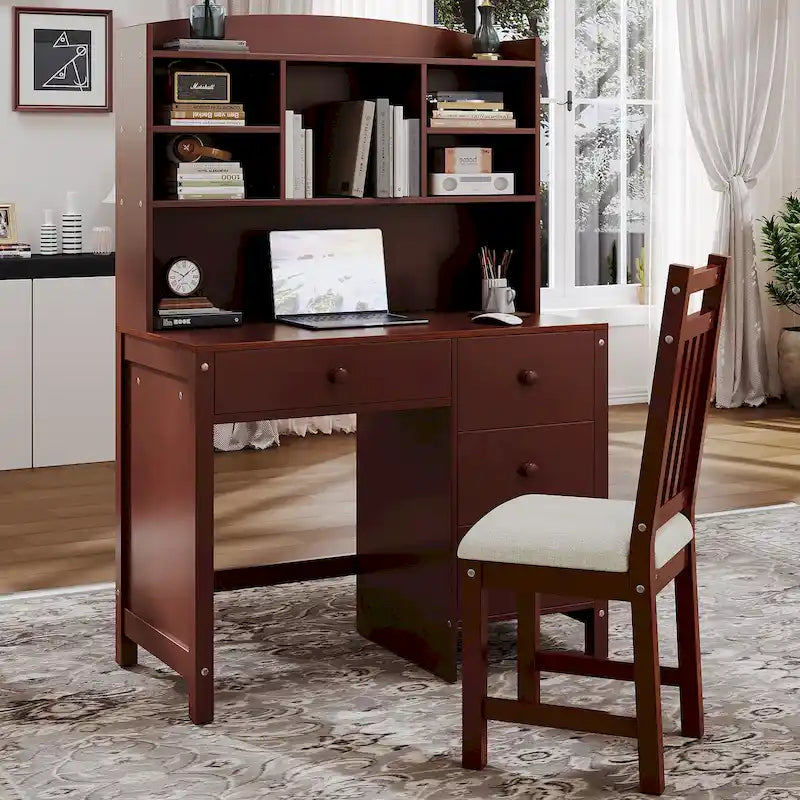 Bureau d'ordinateur avec quatre tiroirs, étagère de rangement et chaise, idéal pour le bureau ou l'étude dans la chambre ou le salon