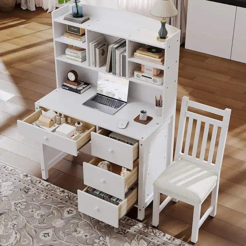 Bureau d'ordinateur avec quatre tiroirs, étagère de rangement et chaise, idéal pour le bureau ou l'étude dans la chambre ou le salon