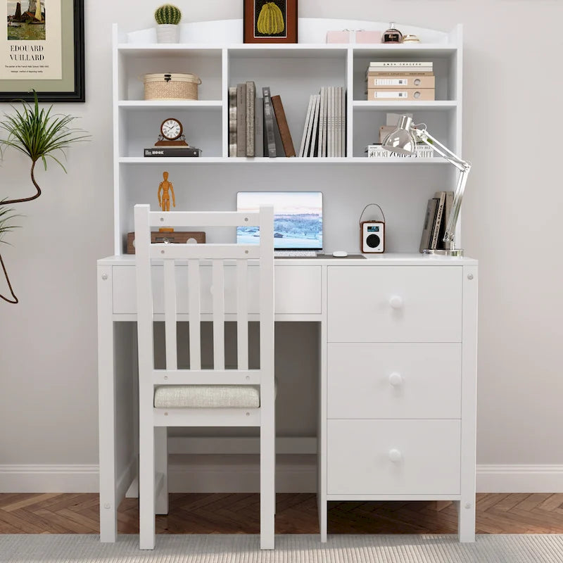 Bureau d'ordinateur avec quatre tiroirs, étagère de rangement et chaise, idéal pour le bureau ou l'étude dans la chambre ou le salon