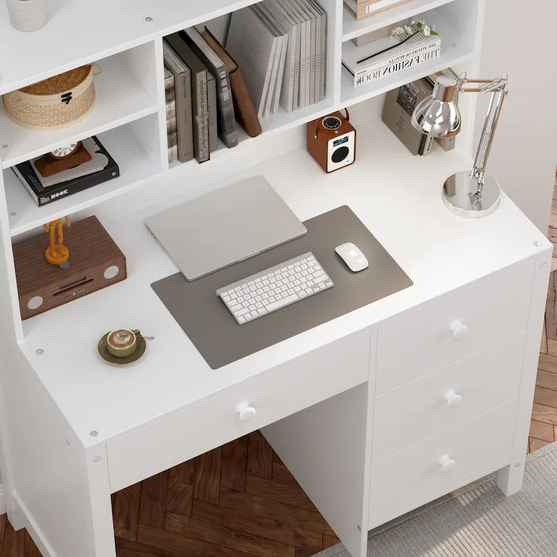 Bureau d'ordinateur avec quatre tiroirs, étagère de rangement et chaise, idéal pour le bureau ou l'étude dans la chambre ou le salon