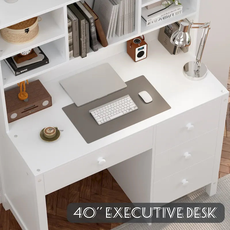 Bureau d'ordinateur avec quatre tiroirs, étagère de rangement et chaise, idéal pour le bureau ou l'étude dans la chambre ou le salon