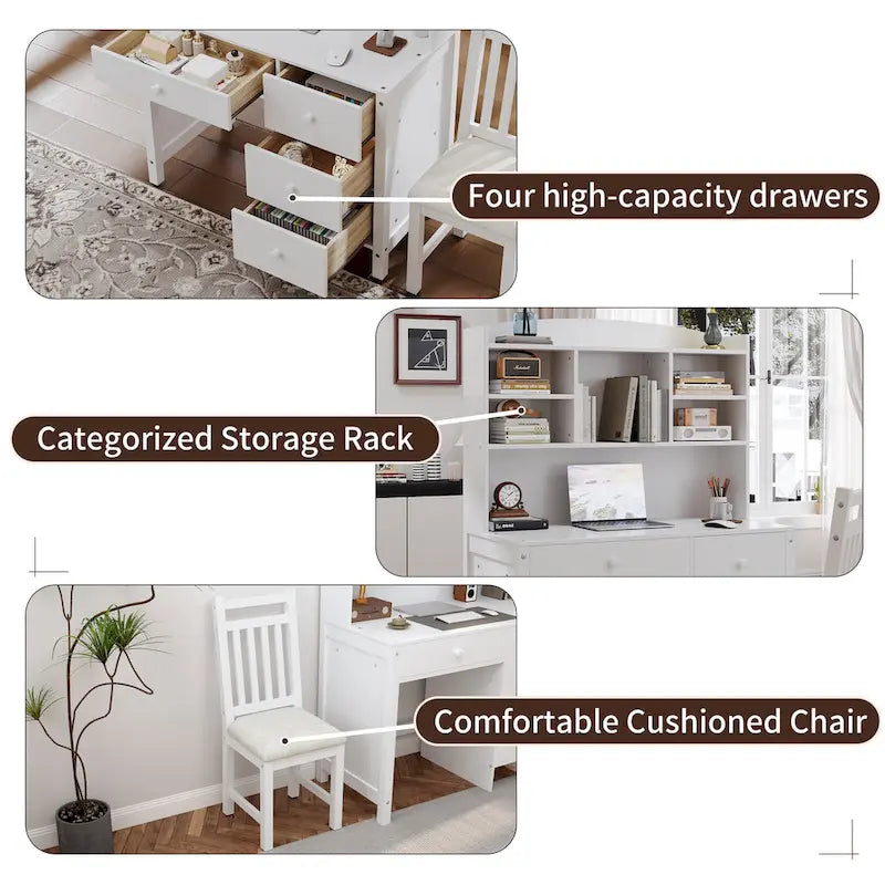 Bureau d'ordinateur avec quatre tiroirs, étagère de rangement et chaise, idéal pour le bureau ou l'étude dans la chambre ou le salon