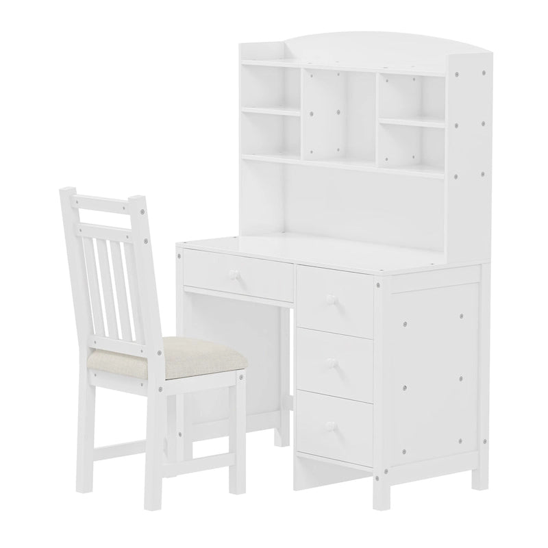 Bureau d'ordinateur avec quatre tiroirs, étagère de rangement et chaise, idéal pour le bureau ou l'étude dans la chambre ou le salon