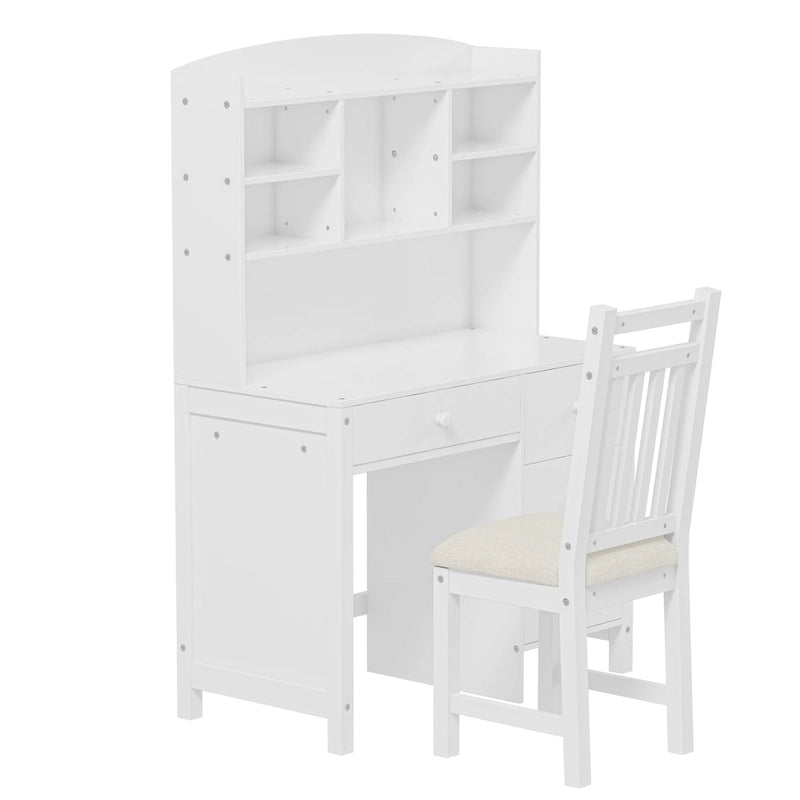 Bureau d'ordinateur avec quatre tiroirs, étagère de rangement et chaise, idéal pour le bureau ou l'étude dans la chambre ou le salon