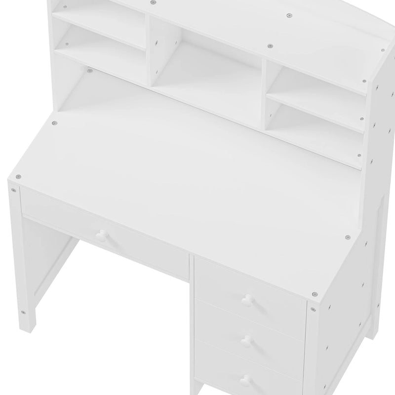 Bureau d'ordinateur avec quatre tiroirs, étagère de rangement et chaise, idéal pour le bureau ou l'étude dans la chambre ou le salon