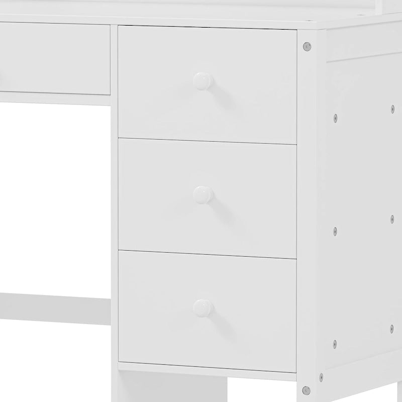 Bureau d'ordinateur avec quatre tiroirs, étagère de rangement et chaise, idéal pour le bureau ou l'étude dans la chambre ou le salon