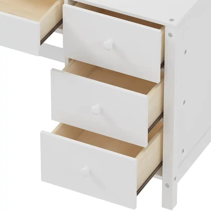 Bureau d'ordinateur avec quatre tiroirs, étagère de rangement et chaise, idéal pour le bureau ou l'étude dans la chambre ou le salon