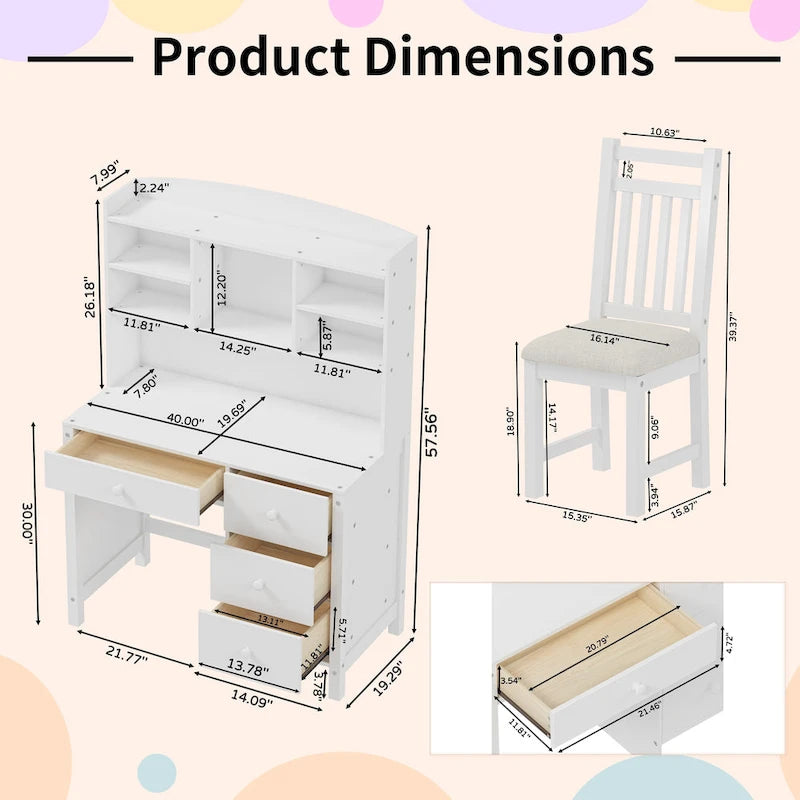 Bureau d'ordinateur avec quatre tiroirs, étagère de rangement et chaise, idéal pour le bureau ou l'étude dans la chambre ou le salon