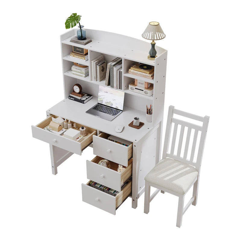 Bureau d'ordinateur avec quatre tiroirs, étagère de rangement et chaise, idéal pour le bureau ou l'étude dans la chambre ou le salon