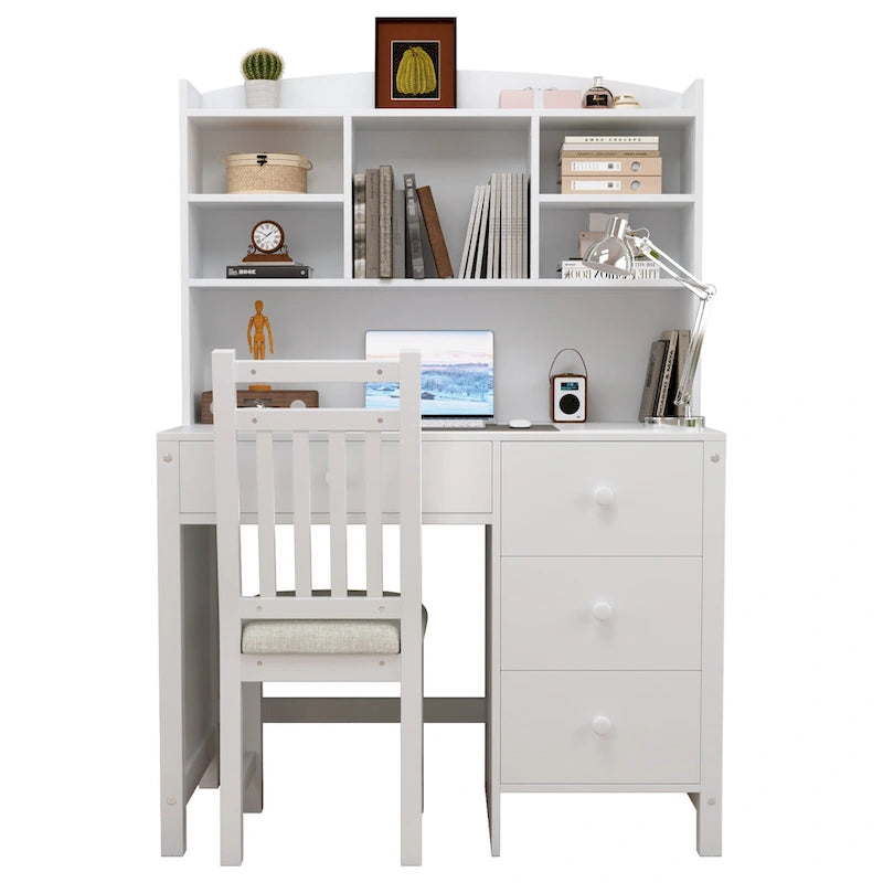 Bureau d'ordinateur avec quatre tiroirs, étagère de rangement et chaise, idéal pour le bureau ou l'étude dans la chambre ou le salon