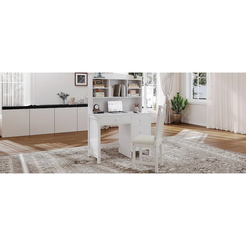 Bureau d'ordinateur avec quatre tiroirs, étagère de rangement et chaise, idéal pour le bureau ou l'étude dans la chambre ou le salon