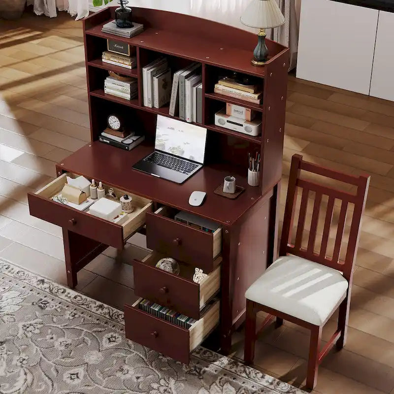 Bureau d'ordinateur avec quatre tiroirs, étagère de rangement et chaise, idéal pour le bureau ou l'étude dans la chambre ou le salon