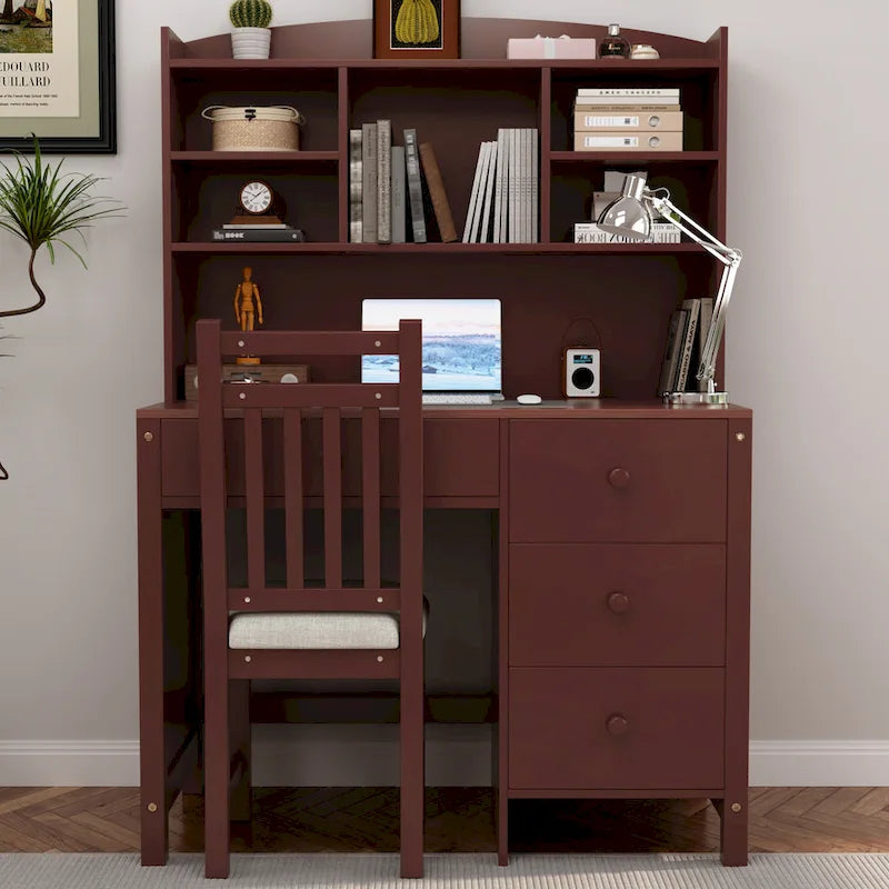 Bureau d'ordinateur avec quatre tiroirs, étagère de rangement et chaise, idéal pour le bureau ou l'étude dans la chambre ou le salon