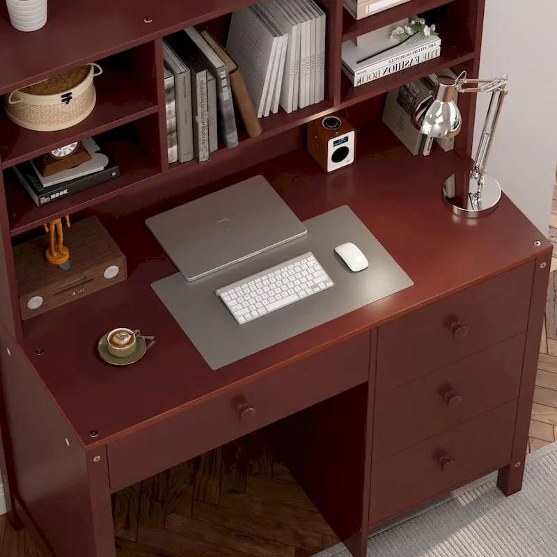 Bureau d'ordinateur avec quatre tiroirs, étagère de rangement et chaise, idéal pour le bureau ou l'étude dans la chambre ou le salon