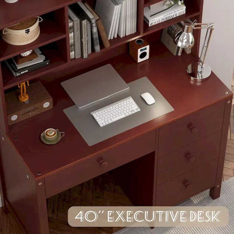 Bureau d'ordinateur avec quatre tiroirs, étagère de rangement et chaise, idéal pour le bureau ou l'étude dans la chambre ou le salon