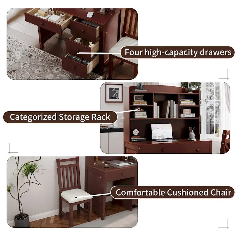 Bureau d'ordinateur avec quatre tiroirs, étagère de rangement et chaise, idéal pour le bureau ou l'étude dans la chambre ou le salon