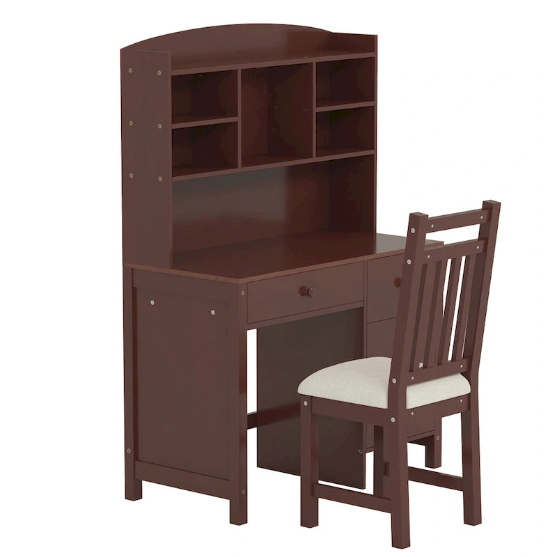 Bureau d'ordinateur avec quatre tiroirs, étagère de rangement et chaise, idéal pour le bureau ou l'étude dans la chambre ou le salon