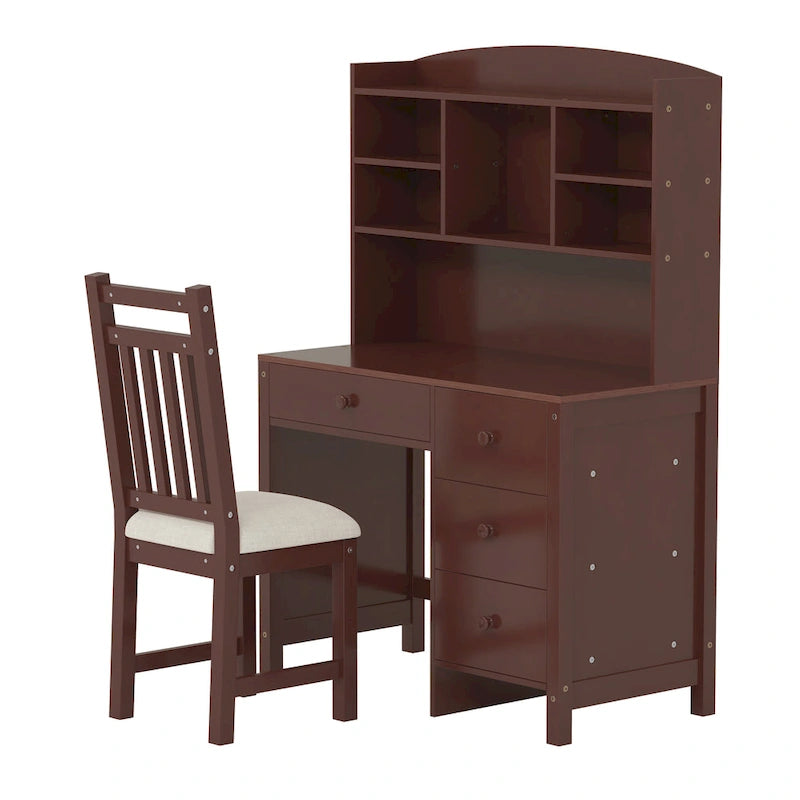 Bureau d'ordinateur avec quatre tiroirs, étagère de rangement et chaise, idéal pour le bureau ou l'étude dans la chambre ou le salon