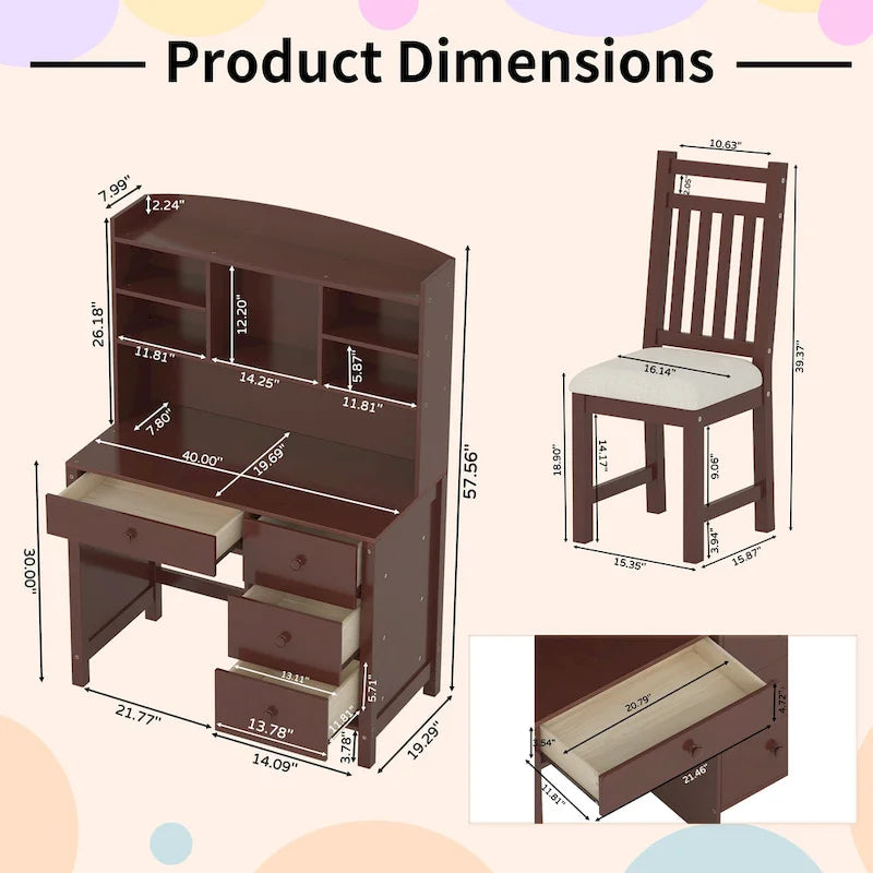 Bureau d'ordinateur avec quatre tiroirs, étagère de rangement et chaise, idéal pour le bureau ou l'étude dans la chambre ou le salon