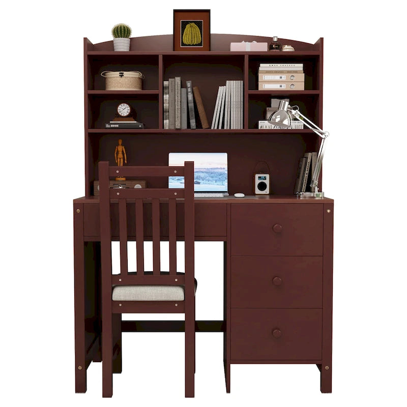 Bureau d'ordinateur avec quatre tiroirs, étagère de rangement et chaise, idéal pour le bureau ou l'étude dans la chambre ou le salon