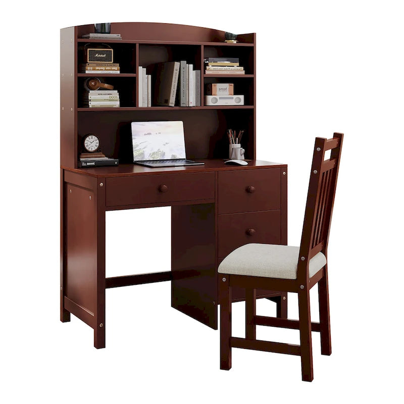 Bureau d'ordinateur avec quatre tiroirs, étagère de rangement et chaise, idéal pour le bureau ou l'étude dans la chambre ou le salon