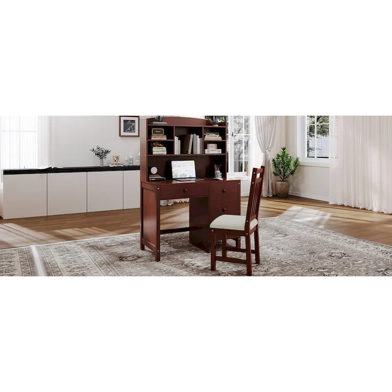 Bureau d'ordinateur avec quatre tiroirs, étagère de rangement et chaise, idéal pour le bureau ou l'étude dans la chambre ou le salon