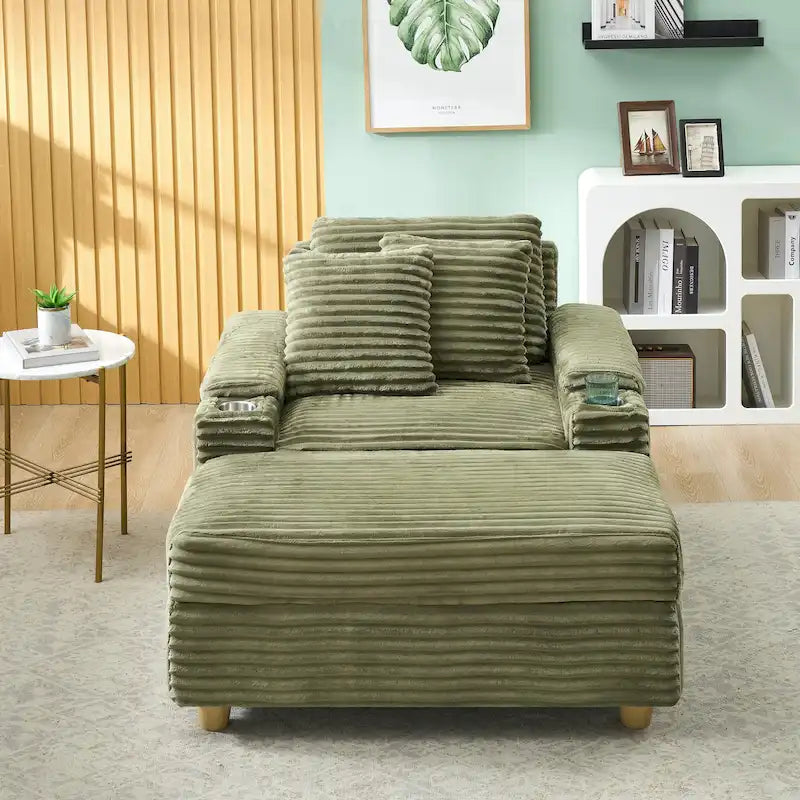 Canapé confortable en velours côtelé avec plusieurs coussins et options de rangement