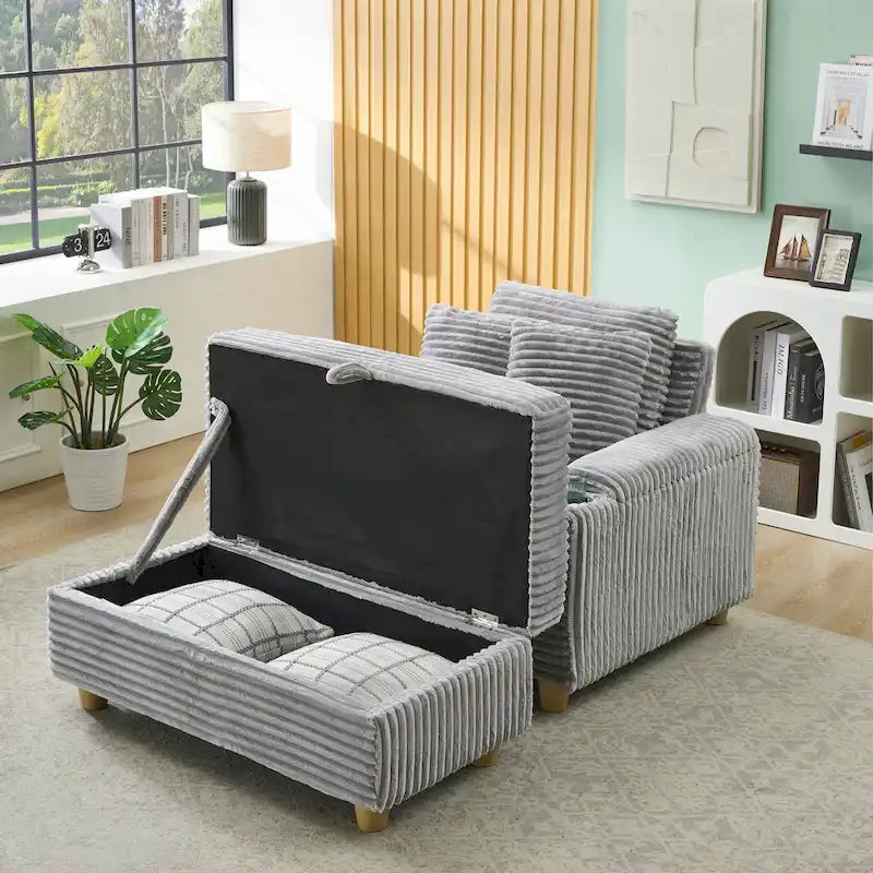 Canapé confortable en velours côtelé avec plusieurs coussins et options de rangement