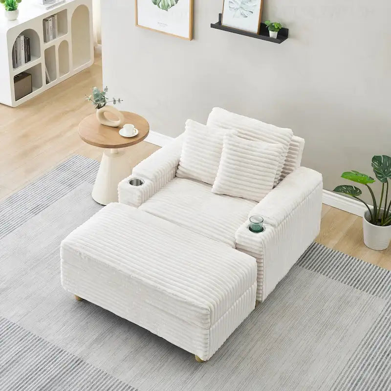 Canapé confortable en velours côtelé avec plusieurs coussins et options de rangement